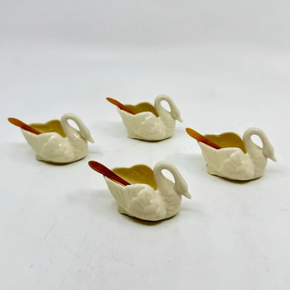 Vintage 1980's LENOX Porcelain Swan Open Salt Cellar w/ Horn Spoon